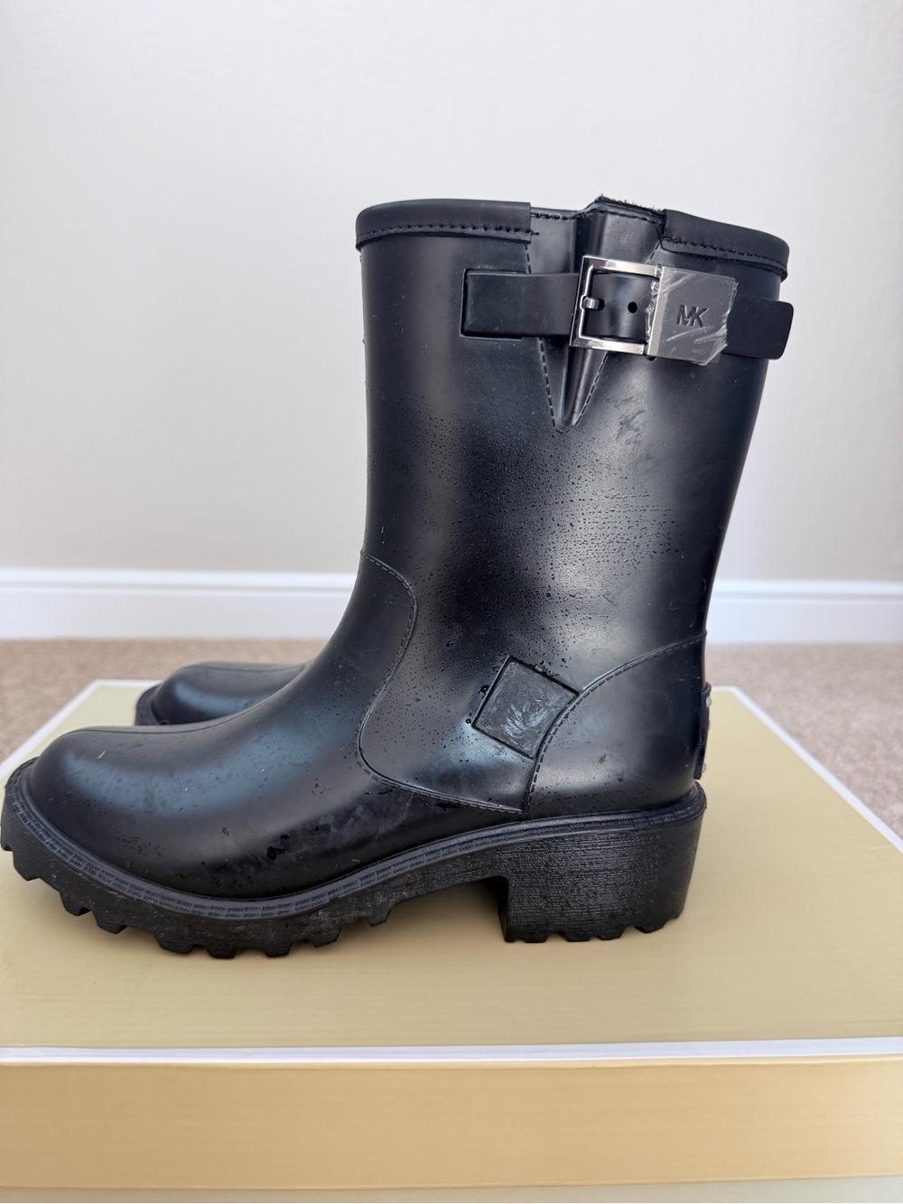 Michael Kors Devenport Black Rain Booties with Buckle size 8 US.